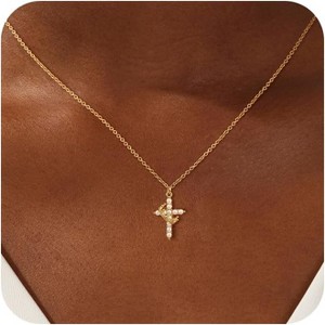Crown Cross Necklace for Women, 14K Gold/Silver/Rosegold Plated Non-Tarnish CZ Pendant - 1 of 4