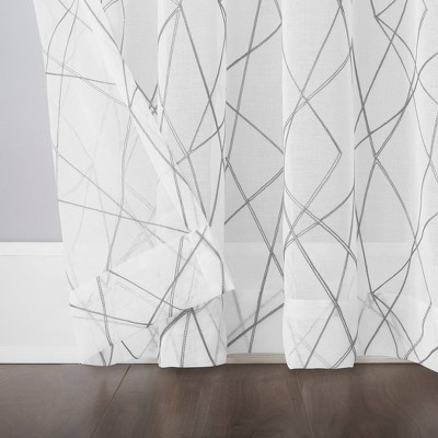 Gray Geometric Embroidery Semi-Sheer Rod Pocket Curtain Panels