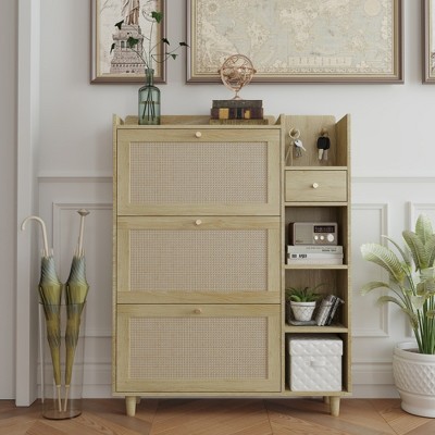 RISOKEYS 3 Rattan Flip Drawers Shoe Cabinet, Narrow Shoe Cabinet Storage for Entryway，Hidden Shoe Rack Organizer Cabinet,