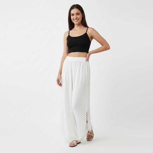 Cherie Code Women's Cotton Wide Leg Pants with Side Split and Pom Trim – Casual Fit - 1 of 4