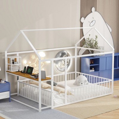 CAVINAS Twin/Full Size House Bed Frame with Shelves & Desk,Metal Floor Bed for Kids Room,Bedroom