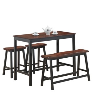 Costway 4 Pcs Solid Wood Counter Height Table Set w/ Height Bench & Two Saddle Stools Brown - 1 of 4