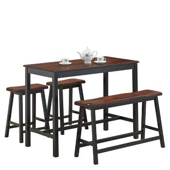 Costway 4 Pcs Solid Wood Counter Height Table Set w/ Height Bench & Two Saddle Stools Brown