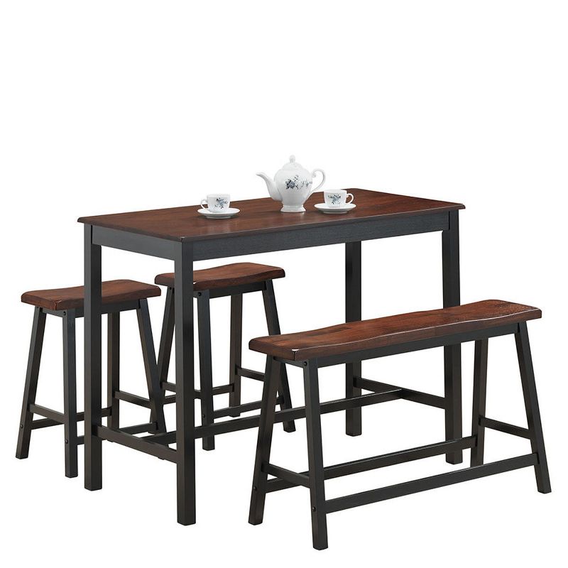 Costway 4 Pcs Solid Wood Counter Height Table Set w/ Height Bench & Two Saddle Stools Brown, 1 of 7