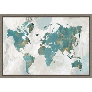 Amanti Art Teal World Map by Pamela Collabera Canvas Wall Art Print Framed 23 x 16-in. - 1 of 4