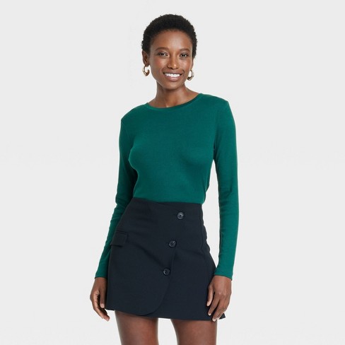Women s Long Sleeve Ribbed T shirt A New Day Green S Target