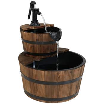 Sunnydaze 23"H Electric Fir Wood 2-Tier Farmhouse Barrel with Metal Decorative Hand Pump Outdoor Water Fountain