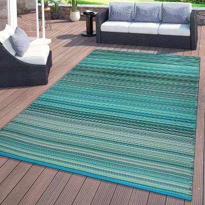 Blue and Green Striped Synthetic Reversible Area Rug 8' x 10'