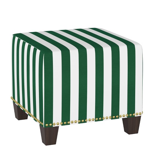 Yosemy Nail Button Square Ottoman In Patters Canopy Stripe Emerald