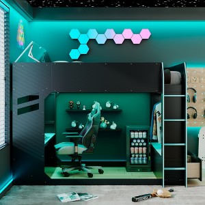 Full Size Loft Bed Gaming Bed with Height-adjustable Desk, Drawers, Storage Compartments, Hanging Rod & RGB Lights - ModernLuxe - 1 of 4