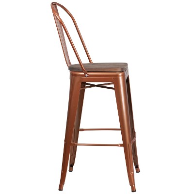 Rustic Copper High Back 30" Barstool with Wood Seat