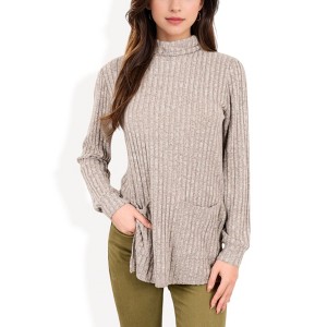 Anna-Kaci Women's Ribbed Knit Turtleneck Tunic Sweater with Front Pockets - 1 of 4