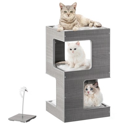 Gray Multi-Level Modern Cat Tower with Soft Faux Fur Cushions