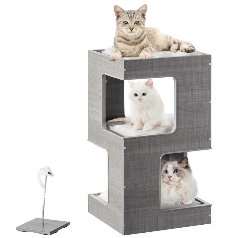 PawsMark Multi Level Modern Cat Tall Climbing Tree House for Indoor Cats | Wood Tower Luxury Furniture Stand with Removable Soft Blanket and Condo, 4 of 9