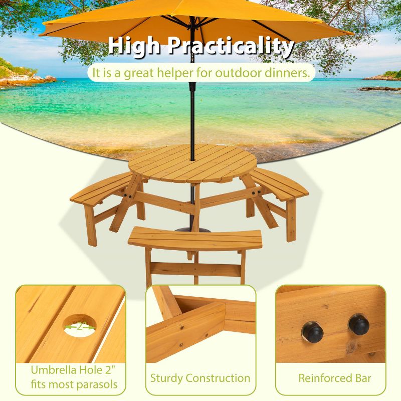 Kelly 6-Person Wooden Circular Patio Picnic Table Set with 3 Built-in Benches, Outdoor Furniture - The Pop Home, 4 of 8