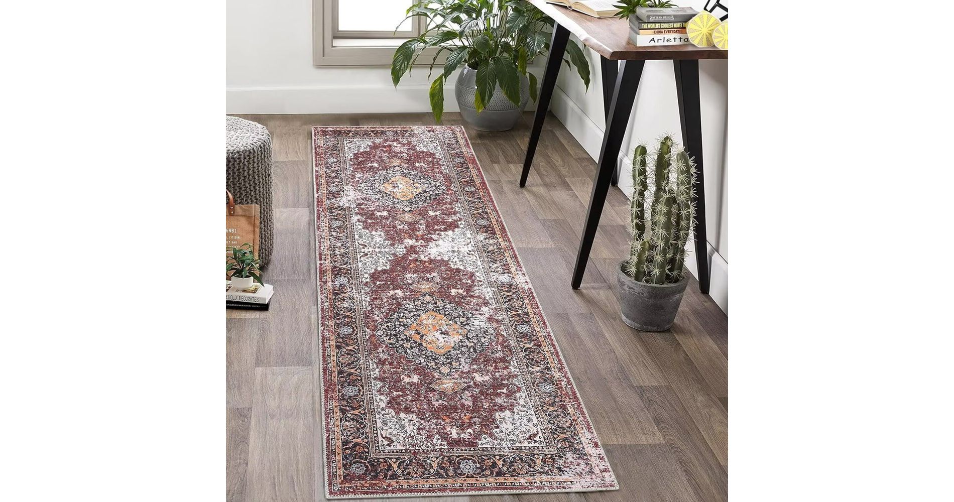 Washable Area Rugs for Living Room Vintage Persian Rug Boho Distressed Rug Carpet, 2'x6' Red: Stain-Resistant, Pet Friendly