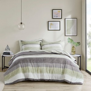 7 Pcs Stylish Bed in a Bag Stripe Print Comforter Set, All Season Ultra Soft Touch Bedding Sets, Contemporary Style Dorm Bed Set with Matching Shams - 1 of 4