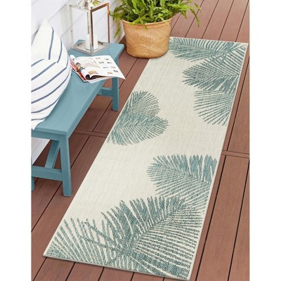 Aqua Palm Leaf Flat Woven Indoor/Outdoor Runner Rug