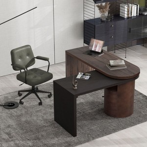 56.92" Modern L Shaped Desk in Walnut with 1 Cabinet and Open storage,360° Wood Rotating Desk,Executive Office Desk,Corner Desk-Maison Boucle - 1 of 4