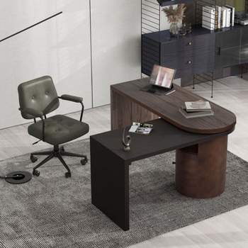 56.92" Modern L Shaped Desk in Walnut with 1 Cabinet and Open storage,360° Wood Rotating Desk,Executive Office Desk,Corner Desk-Maison Boucle