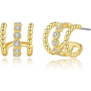 14K Gold Plated Triple Huggie Illusion Stud Earrings | Double Huggie Hoop Earrings for One Hole | Gold Hoop Earrings for Women - 1 of 4
