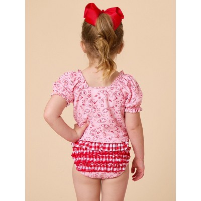 RuffleButts Girls UPF50+ Puff Sleeve Ruffle Tankini 2-Piece Swimsuit - Pink Bandana, 10 — фото 3