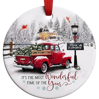Lomsoe Red Truck Christmas Ornaments It's The Most Wonderful Time of The Year Christmas Ornament 2025 Xmas Tree Hanging Decor Vintage Red Truck Decor