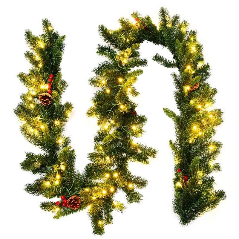 Costway 9Ft Pre-lit Artificial Christmas Garland Red Berries w/ 100 LED Lights & Timer, 1 of 11