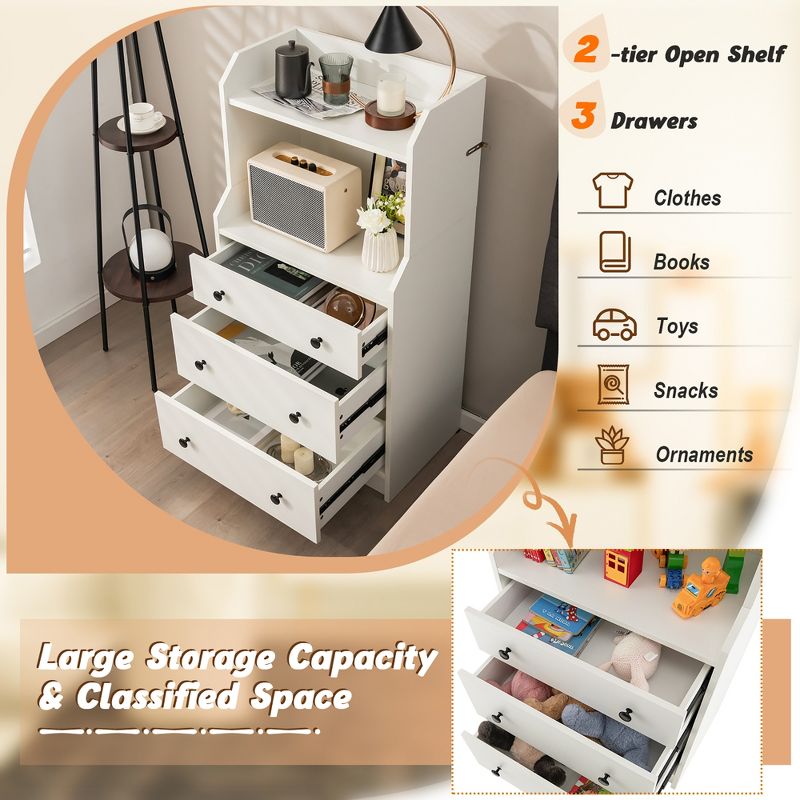 Tangkula 3-Drawer Dresser 44" Tall Wood Storage Organizer Chest w/ 2 Open Shelves White, 5 of 10