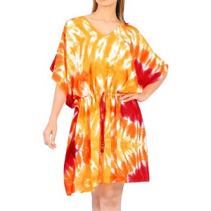 LA LEELA Women's House Daily Routine Evening Wear Vacation Holiday Casual Loungewear Oversize Caftan Knee Length Housecoat 2X-3X Red, Tie Dye Design - 1 of 4