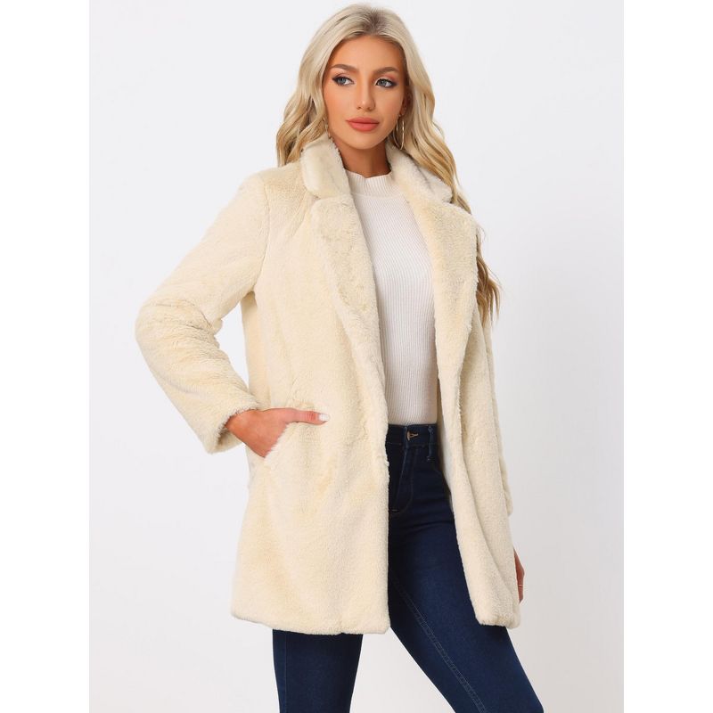 Allegra K Women's Lapel Collar Faux Fur Fuzzy Winter Long Overcoat with Pockets, 3 of 6