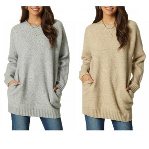 INSPIRE CHIC Women's Fall Winter Round Neck Long Sleeve Casual Tunic Sweater with Pockets 2 Packs - 1 of 4