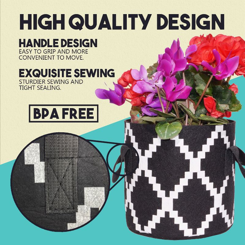 Darware Boho Black and White Grow Bags; 4pc Set Fabric Planter Pots in Geometric Design, 4 of 8