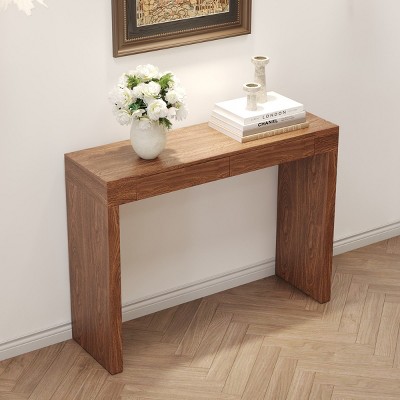 Wood Grain Bar Table,Table With Wood Grain Texture Sticker And Two Drawers,Solid Wood Living Room Entryway Table With Storage-Cuddlewood