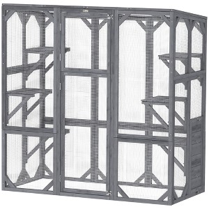 PawHut Catio Outdoor Cat Enclosure, Large Wooden Cat House with 6 Jumping Platforms, Weatherproof Roof, for 1-3 Cats, 59" x 28" x 60", Gray - 1 of 4
