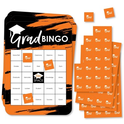 Big Dot of Happiness Orange Grad - Best is Yet to Come - Bingo Cards and Markers - Orange Graduation Party Shaped Bingo Game - Set of 18