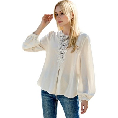 Anna-Kaci Women's V-Neck Lace Drop Long Lantern Sleeve Bishop Blouse