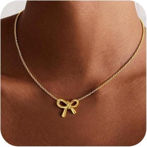 Gold Bow Pendant Necklace for Women, 14K Gold Plated Non-Tarnish Christmas Gift - 1 of 4