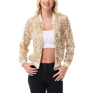 Anna-Kaci Women's Sequin Bomber Jacket with Ribbed Trim and Front Zipper Closure - 1 of 4