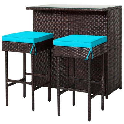 Tangkula 3PCS Patio Wicker Rattan Bar Set Table w/2 Cushioned Stools