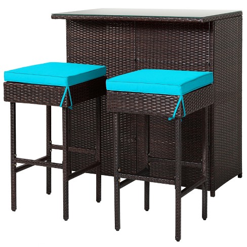 Tangkula 3PCS Patio Wicker Rattan Bar Set Table w/2 Cushioned Stools - image 1 of 4