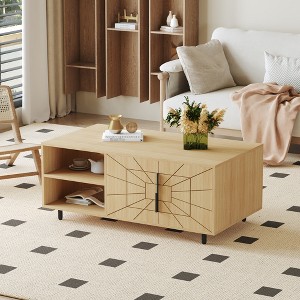 Spider Web Textured Modern MDF Coffee Table - Geometric Art and Practical Design in Natural Wood Tones, with dimensions of 43.3*23.6*17.8 inches. - 1 of 1