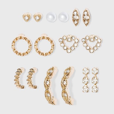 Crystal Glass Stud and Small Hoop Earring Set 8pc - A New Day™ Gold