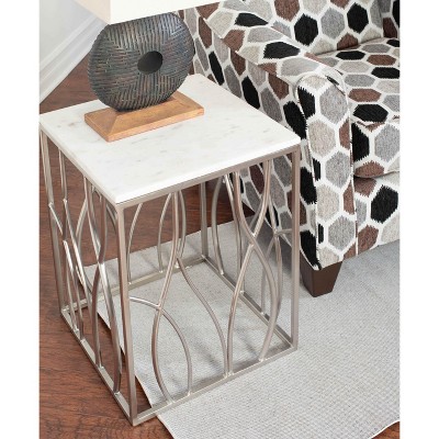 Vynxaria Square Marble End Table with Stainless Steel Base, 18"W x 18"D x 22.5"H