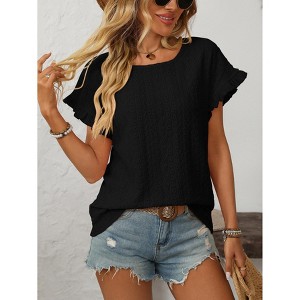 Womens Summer Ruffle Short Sleeve Round Neck Shirts Casual Loose Fitting Hollow Out Top - 1 of 4