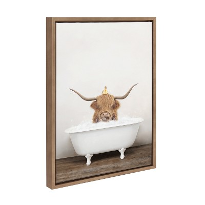 Kate and Laurel Sylvie Highland Cow and Duckling in Rustic Bath Framed Canvas by Amy Peterson Art Studio