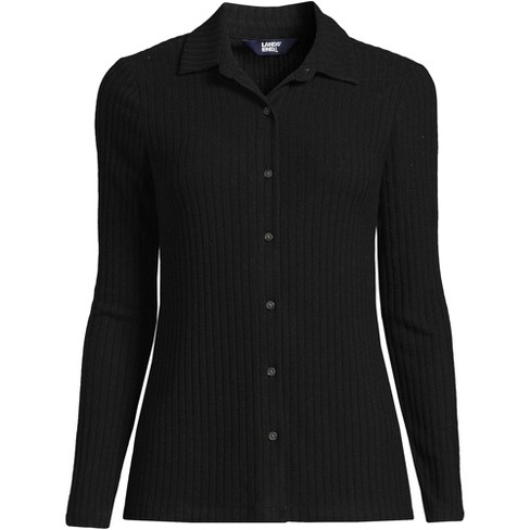 Lands' End Women's Long Sleeve Wide Rib Button Front Polo - Medium - Black