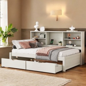 Mshliw Twin Size Bed Frame with Side Bookshelves, 2 Storage Drawers,Modern Wooden Bookcase Daybed Frame for Bedroom, Guest Room, and Kids’ Room - 1 of 4