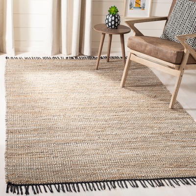 Beige Handwoven Leather and Cotton Area Rug with Fringe, 5' x 8'