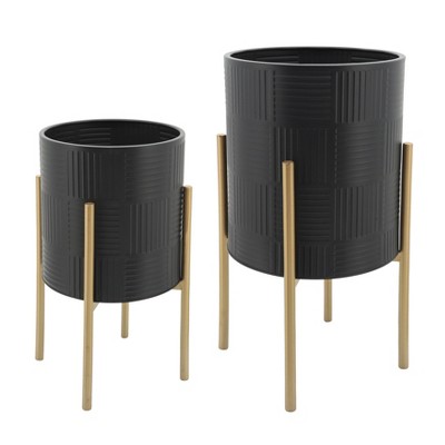 Sagebrook Home 14" Wide 2pc Planter Pot with Lines on Metal Stand Black/Gold: Geometric Texture, Indoor Elegance